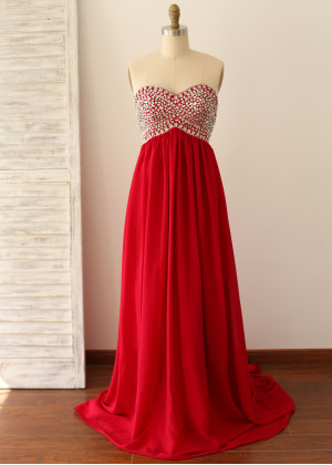 Strapless Sweetheart Red Chiffon Crystals Prom Dress